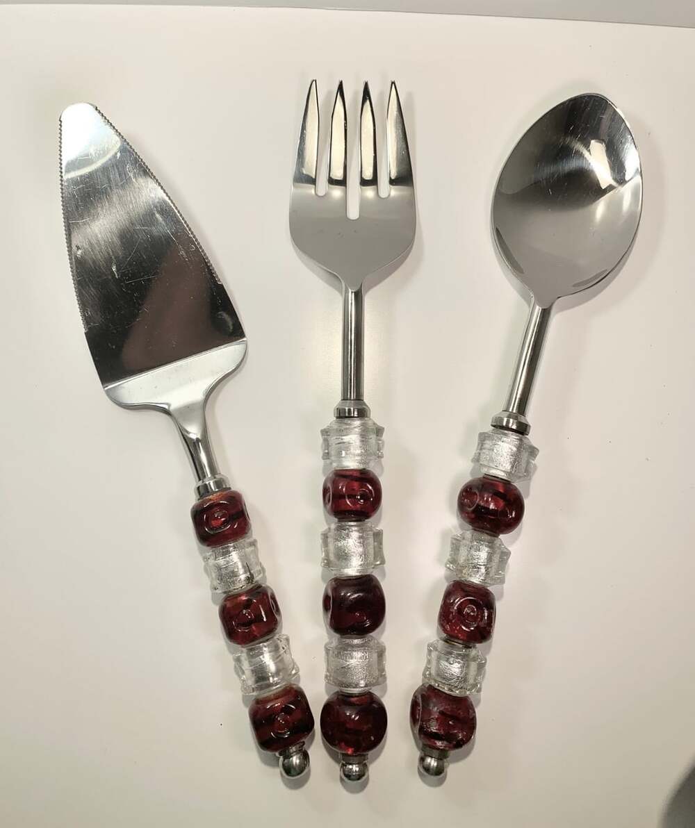 Holiday Serving Set 3 Retired Pampered Chef Stainless Steel Red Beaded